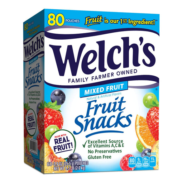 Welch's Fruit Snacks, Mixed Fruit, Gluten Free, Bulk Pack, 0.9 oz Individual Single Serve Bags (Pack of 80)