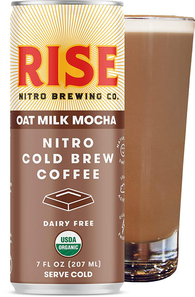 RISE Brewing Co. | Oat Milk Mocha Nitro Cold Brew Latte (12 Pack) 7 fl. oz. Cans - Organic, Non-GMO | Vegan & Non-Dairy | Draft Nitrogen Pour, Clean Energy, Low Acidity & Refreshingly Smooth