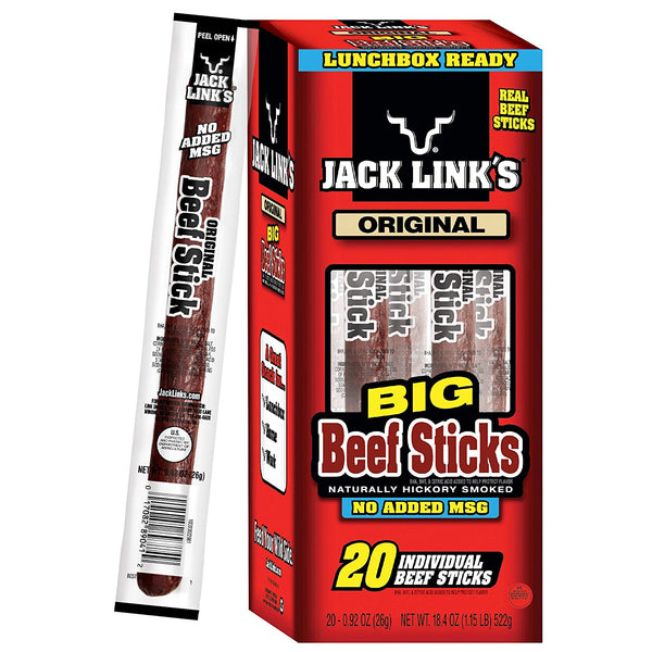 Jack Link's Beef Sticks, Original, 0.92 Ounce (20 Count) - Great Protein Snack, Meat Stick with 5g of Protein, Made with 100% Premium Beef, No Added MSG